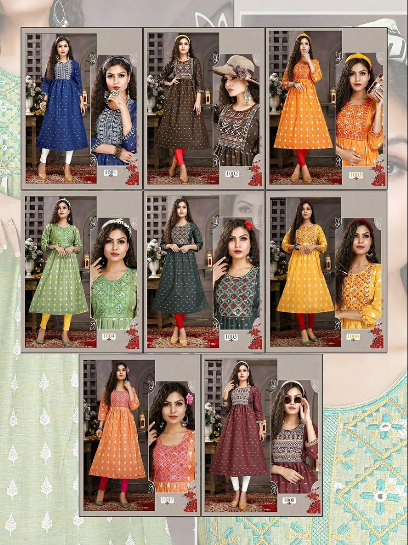 Riya Anvi Cotton Printed Fancy Party Wear Kurtis With Embroidery Work