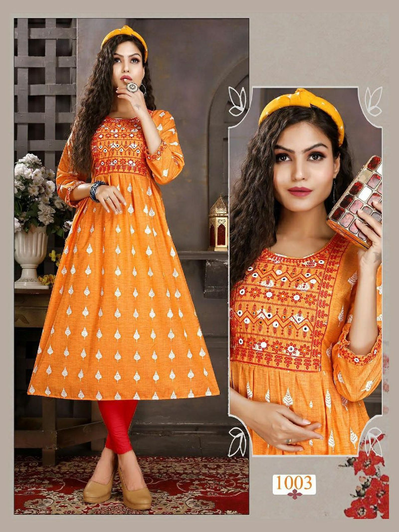 Riya Anvi Cotton Printed Fancy Party Wear Kurtis With Embroidery Work