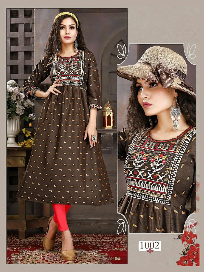 Riya Anvi Cotton Printed Fancy Party Wear Kurtis With Embroidery Work