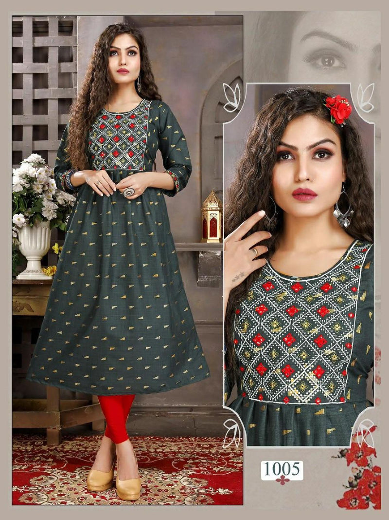 Riya Anvi Cotton Printed Fancy Party Wear Kurtis With Embroidery Work