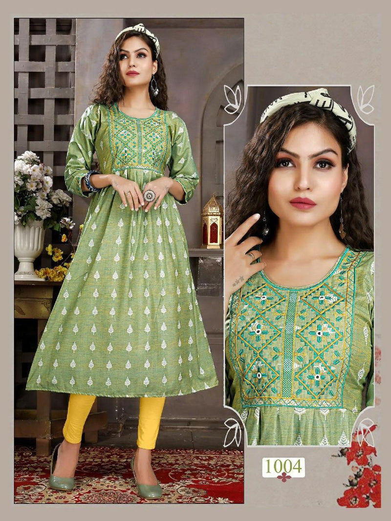 Riya Anvi Cotton Printed Fancy Party Wear Kurtis With Embroidery Work
