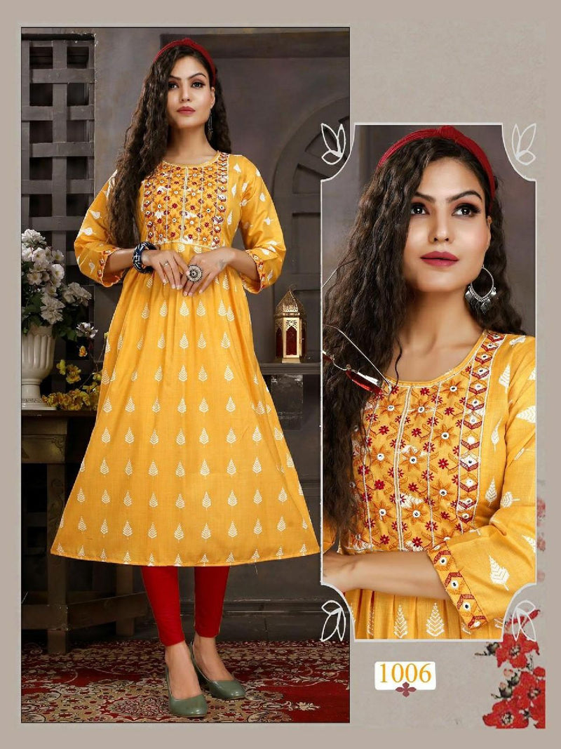 Riya Anvi Cotton Printed Fancy Party Wear Kurtis With Embroidery Work