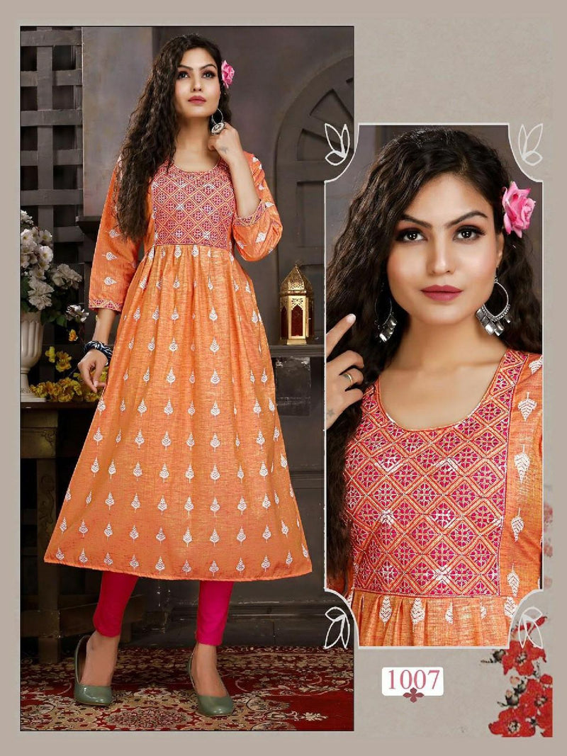 Riya Anvi Cotton Printed Fancy Party Wear Kurtis With Embroidery Work