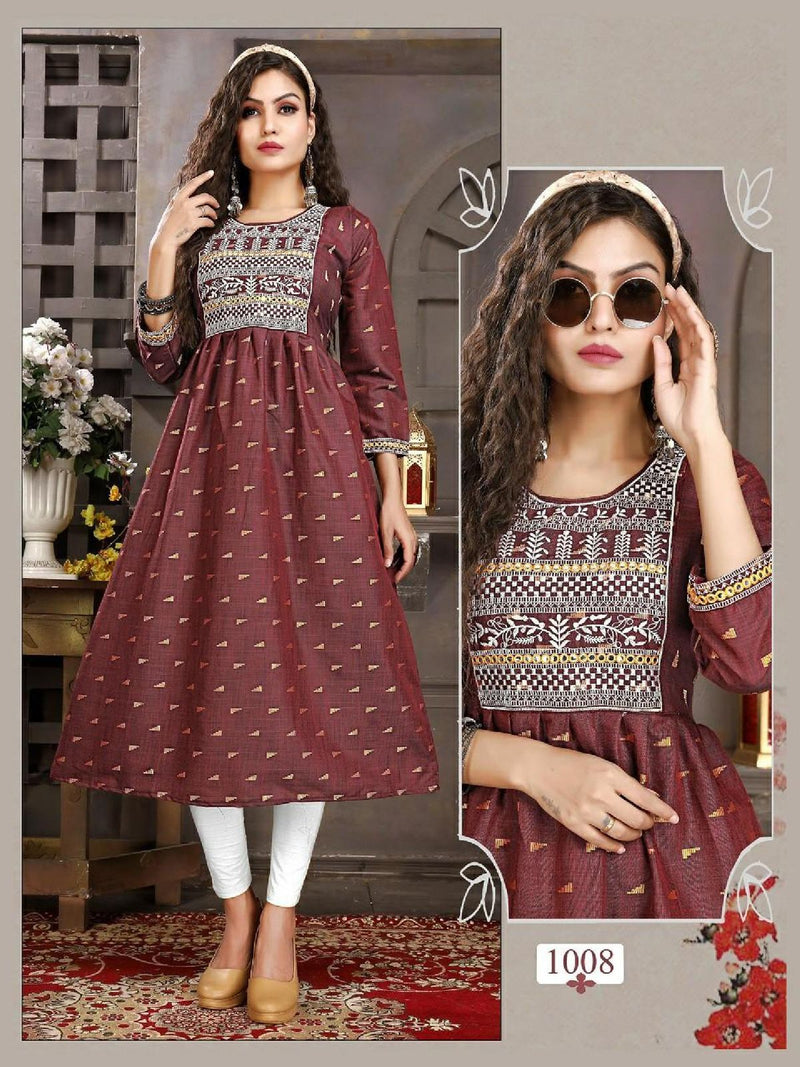 Riya Anvi Cotton Printed Fancy Party Wear Kurtis With Embroidery Work