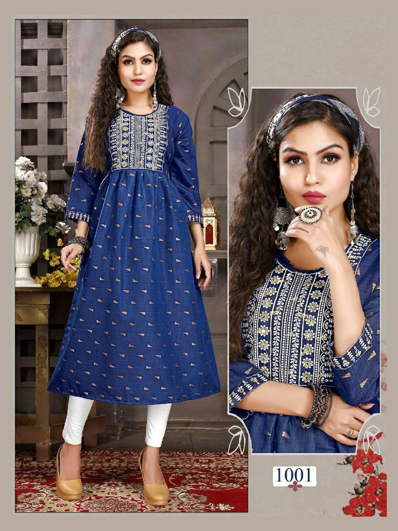 Riya Anvi Cotton Printed Fancy Party Wear Kurtis With Embroidery Work