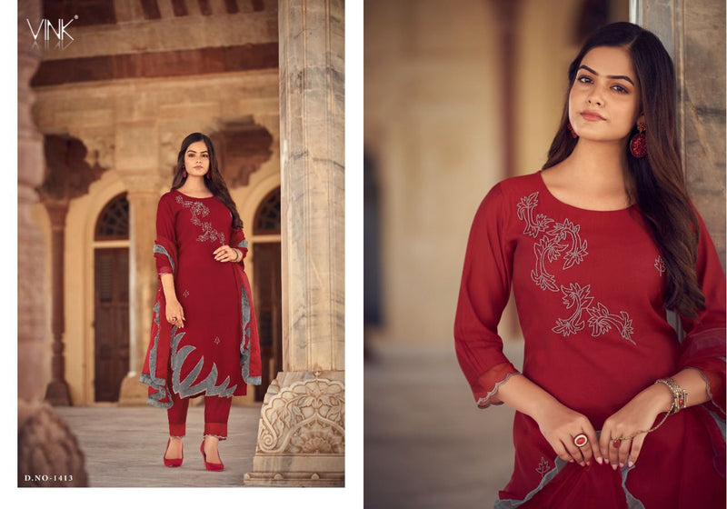Vink Fashion Applique Viscose Heavy Embroidered Ready Made Party Kurtis With Sets Of Bottom & Dupatta