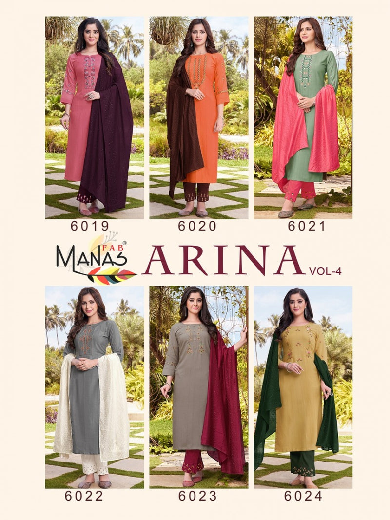 Manas Fab Arina Vol 4 Rayon Embroidered Designer Fancy Party Wear Kurtis