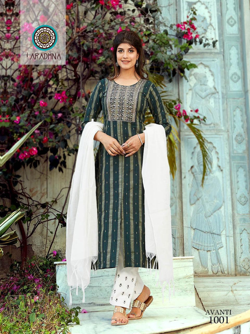 Aradhna Fashion Avanti Vol 1 Cotton With Embroidery Fancy Festive Wear Kurtis With Bottom & Dupatta