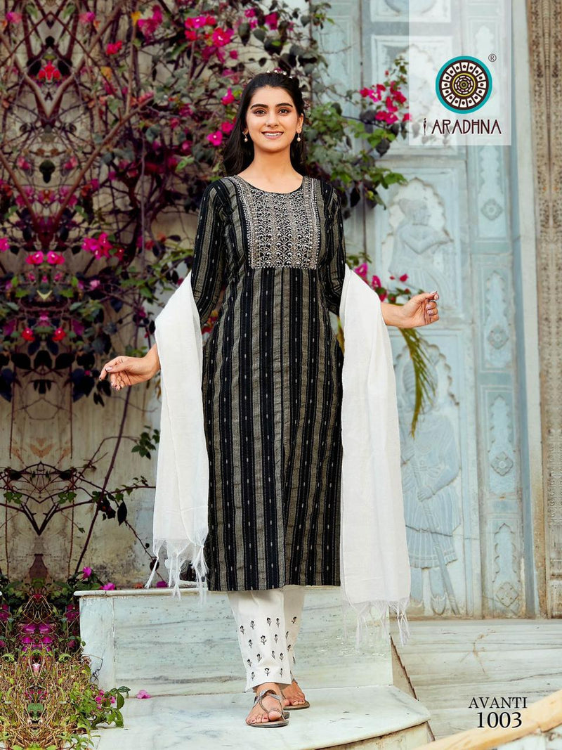 Aradhna Fashion Avanti Vol 1 Cotton With Embroidery Fancy Festive Wear Kurtis With Bottom & Dupatta