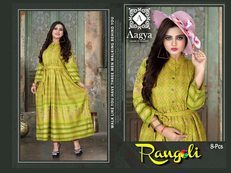 Aagya Kurti Rangoli Rayon Casual Pattern Printed Round Type Fancy Kurtis