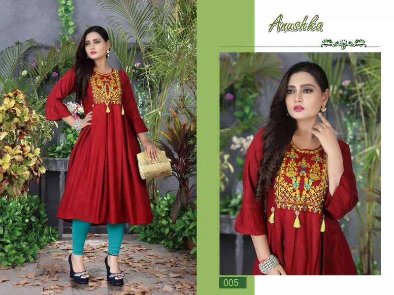 Aagya Kurtis Anushka Rayon With Embroidery Work And Pattern Partywear Kurtis