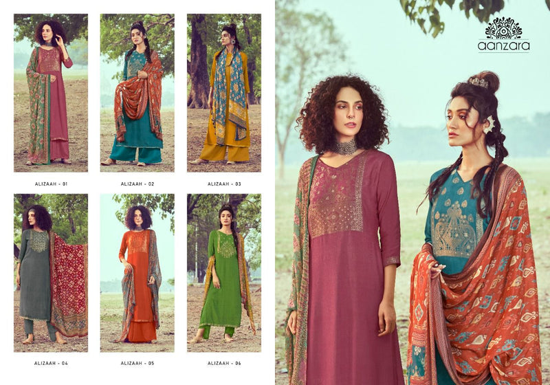 Aanzara Alizaah Jacquard Silk Digital Printed Pure Chinoon Chiffon Salwar Suit