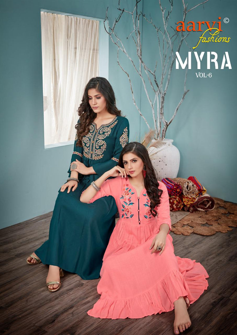 Aarvi Fashion Launch By Myra Vol 6 Rayon Slub Pure Cotton Frill Long Gown Stype Exclusive Fancy Readymade Kurtis