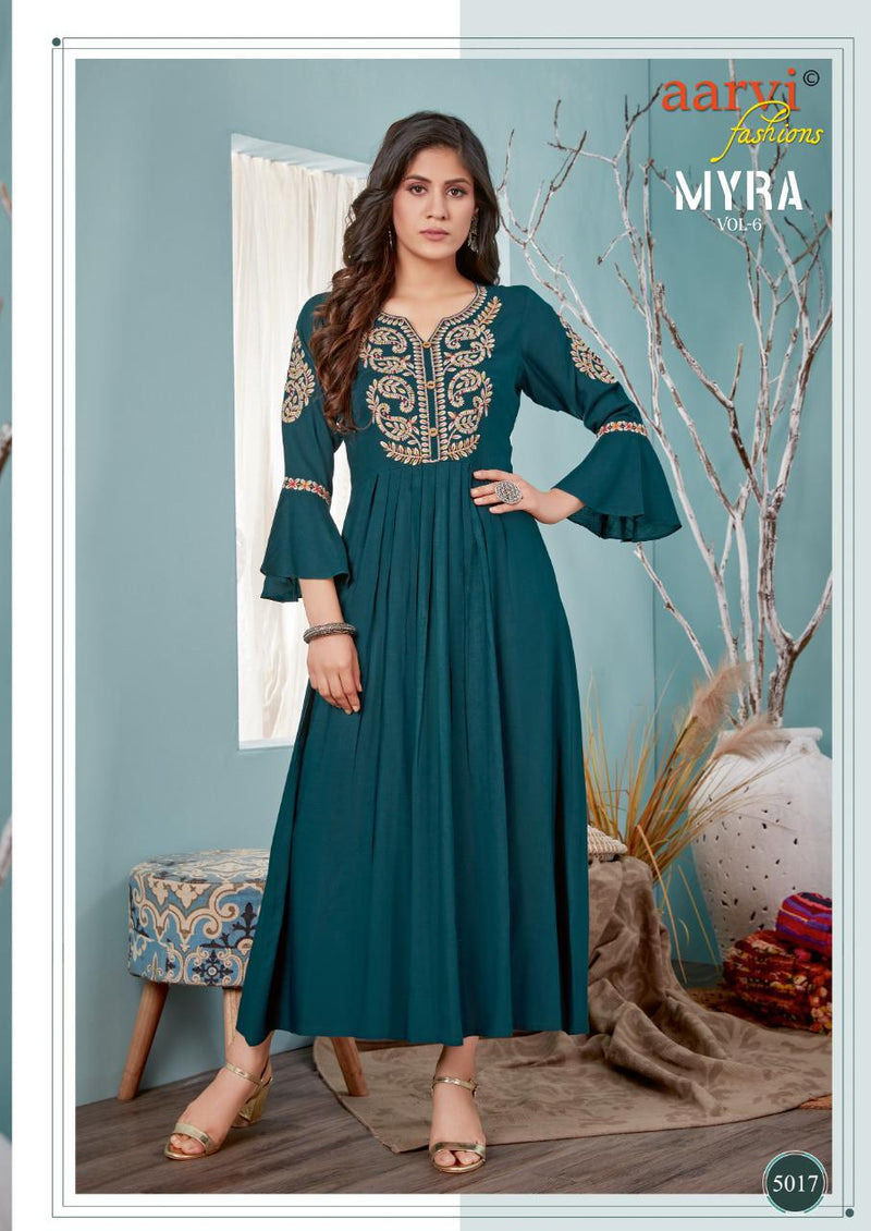 Aarvi Fashion Launch By Myra Vol 6 Rayon Slub Pure Cotton Frill Long Gown Stype Exclusive Fancy Readymade Kurtis