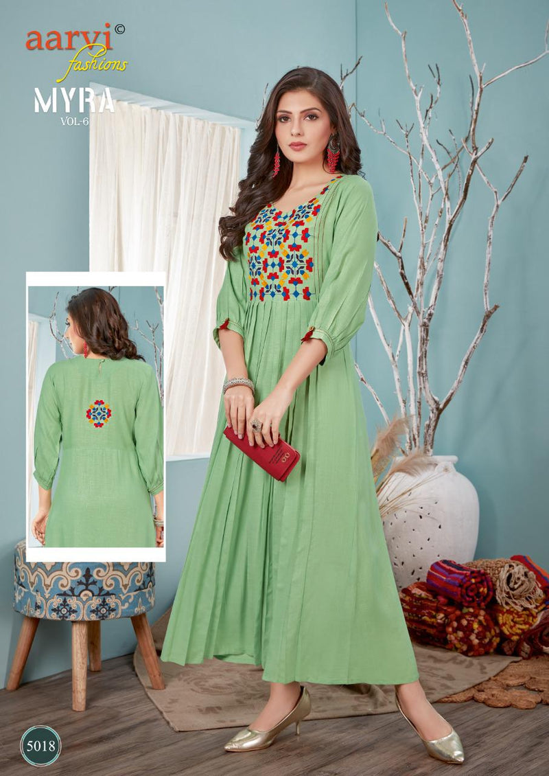 Aarvi Fashion Launch By Myra Vol 6 Rayon Slub Pure Cotton Frill Long Gown Stype Exclusive Fancy Readymade Kurtis