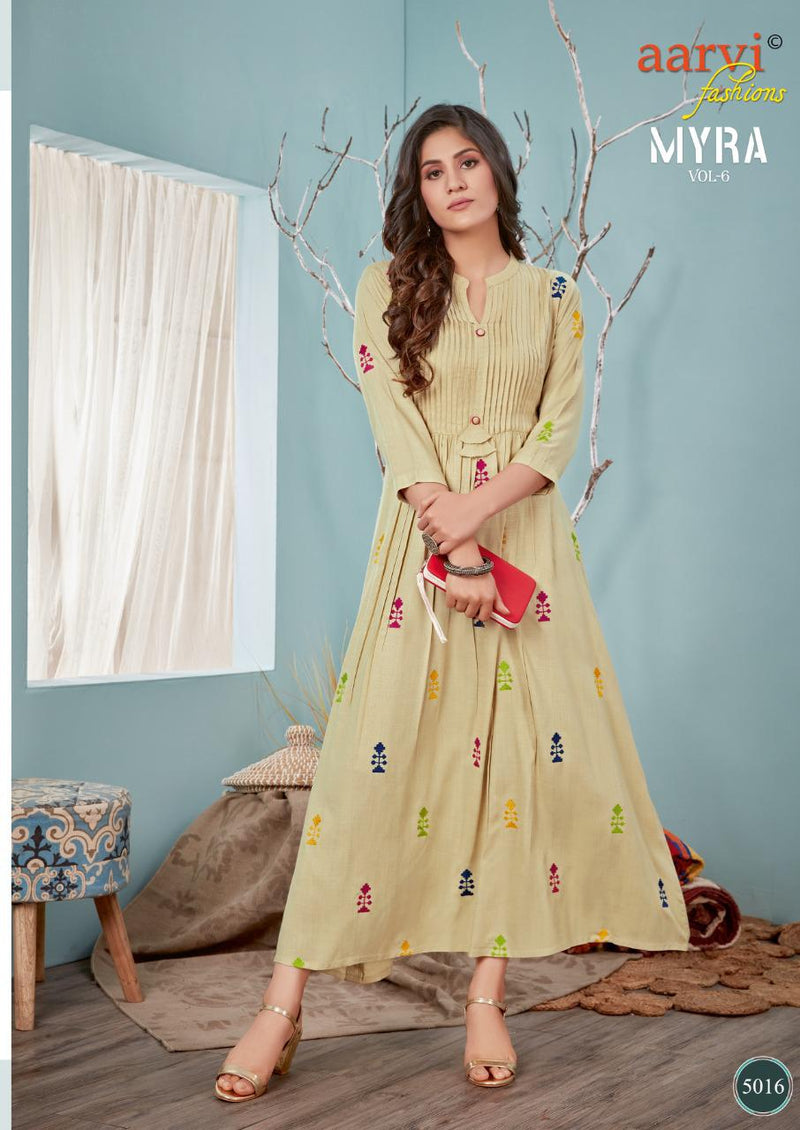 Aarvi Fashion Launch By Myra Vol 6 Rayon Slub Pure Cotton Frill Long Gown Stype Exclusive Fancy Readymade Kurtis