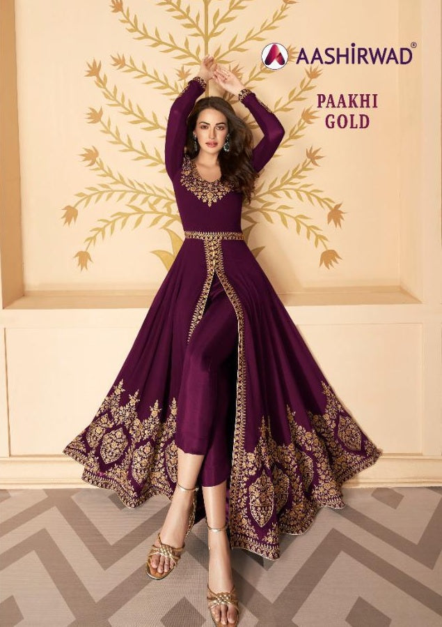Aashirwad Creation Paakhi Gold Real Georgette With Fancy Wear Salwar Suits