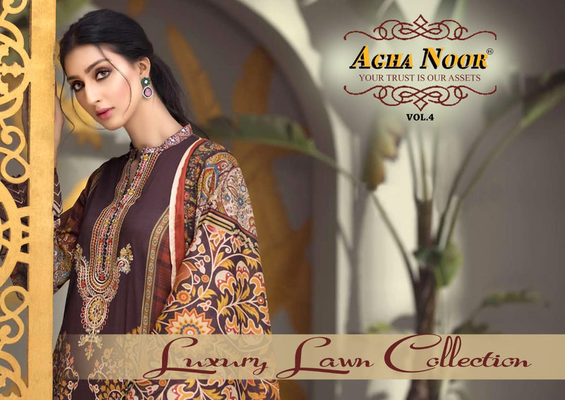 Agha Noor Vol 4 Luxury Lawn Collection Lawn Cotton Exclusive Printed Designs Pakistani Style Salwar Kameez