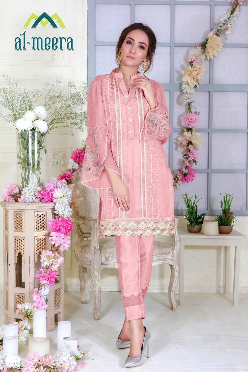 Al Meera D No 1129 Pink Fox Georgette With With Embroidery Work Casual Wear Salwar Suits