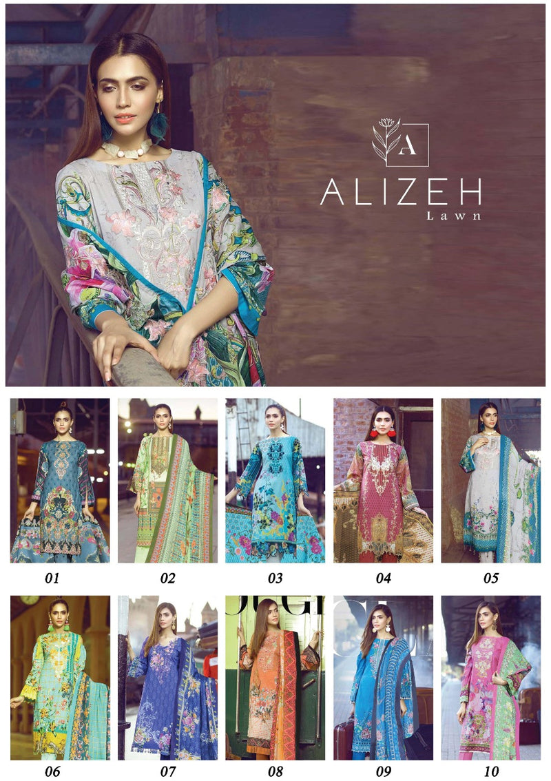 Alizeh Lawn Pure Lawn Fabric With Embroidery Designer Work Stylish Salwar Kameez