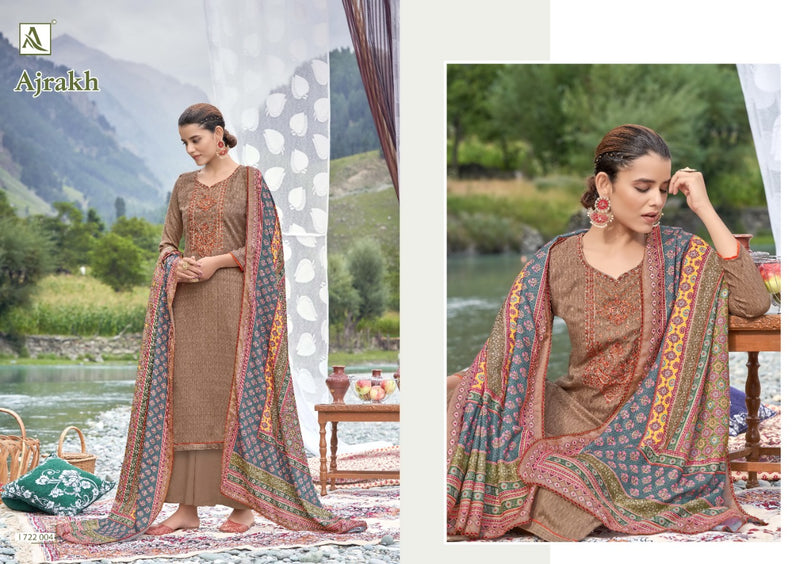 Alok Suit Ajrak Wool Pashmina Selp Print With Embroidery Work