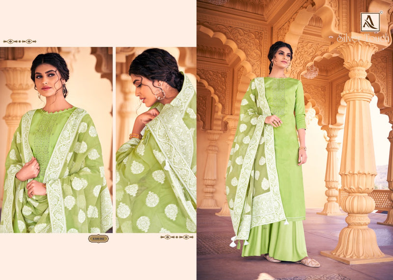 Alok Suit Silver Touch Pure Jam Cotton Lucknowi Thread Work Swaroski Designer Salwar Kameez