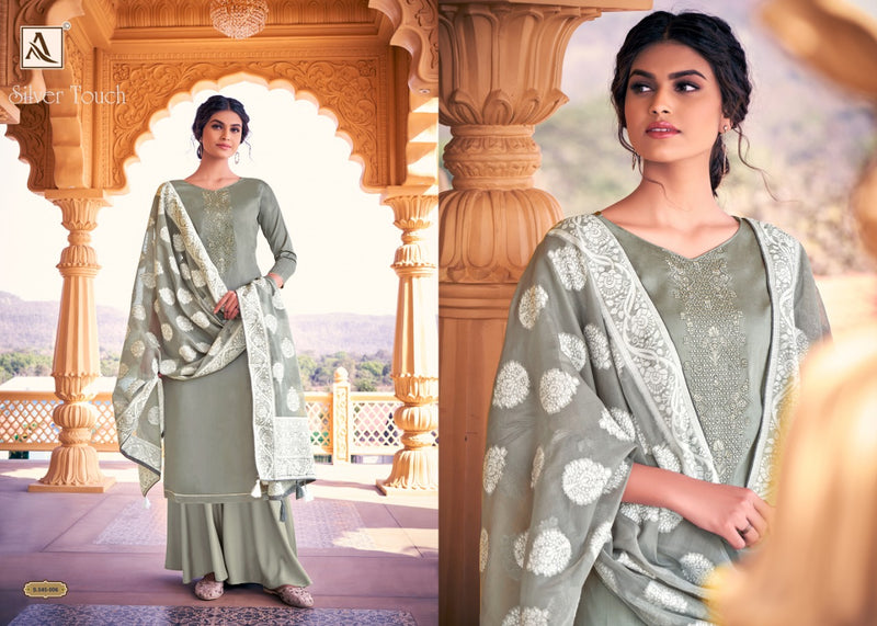 Alok Suit Silver Touch Pure Jam Cotton Lucknowi Thread Work Swaroski Designer Salwar Kameez