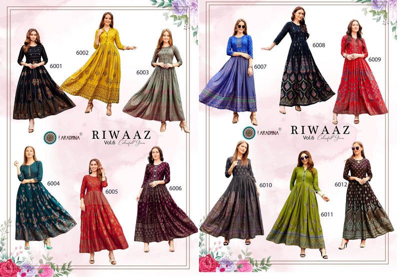 Aradhna Fashion Riwaaz Vol 6 Rayon Designer Fancy Wear Gown Collection