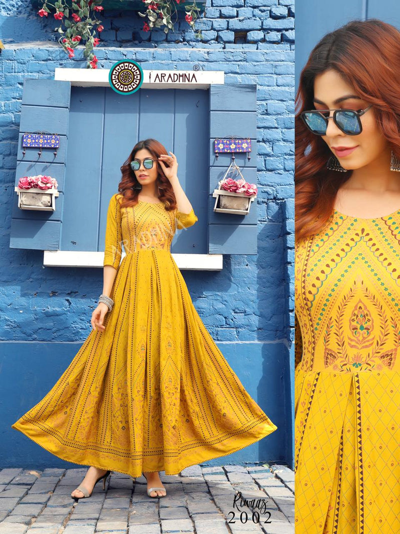 Aradhna Launch By Riwaaz Vol 2 Heavy Rayon Exclusive Printed Long Gown Type Casual Wear Readymade Kurtis