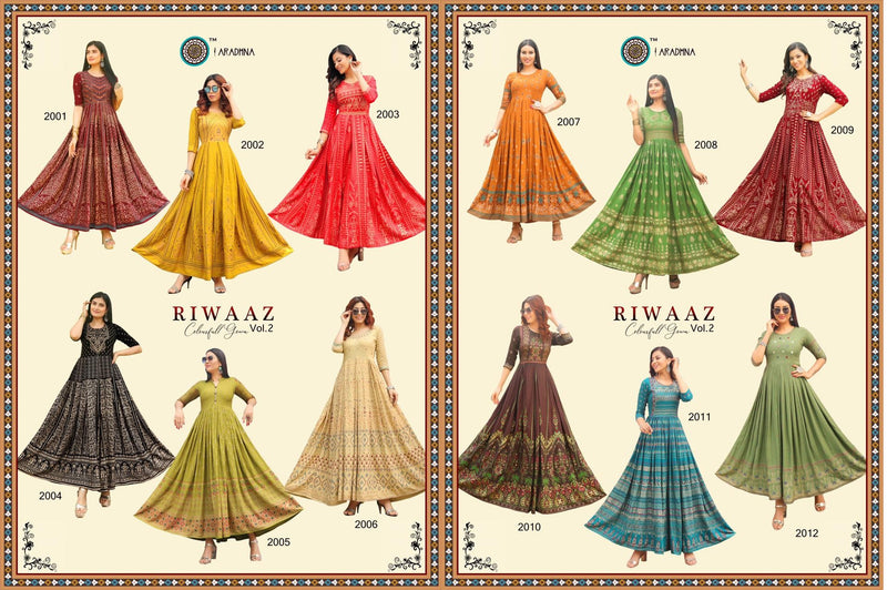Aradhna Launch By Riwaaz Vol 2 Heavy Rayon Exclusive Printed Long Gown Type Casual Wear Readymade Kurtis