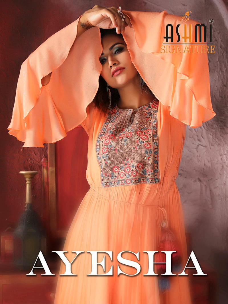 Ashmi Signature Presents By Ayesha Chinon Chiffon Long Frill Gown Style Readymade Casual Wear Kurtis