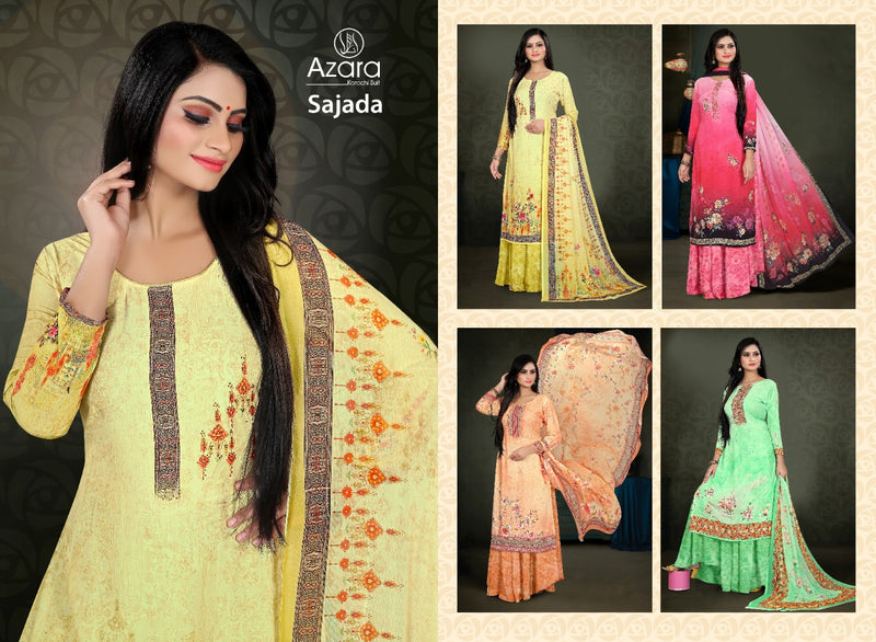 Azara Sajada Crape Digital Print With Embroidery Work Fancy Salwar Suits