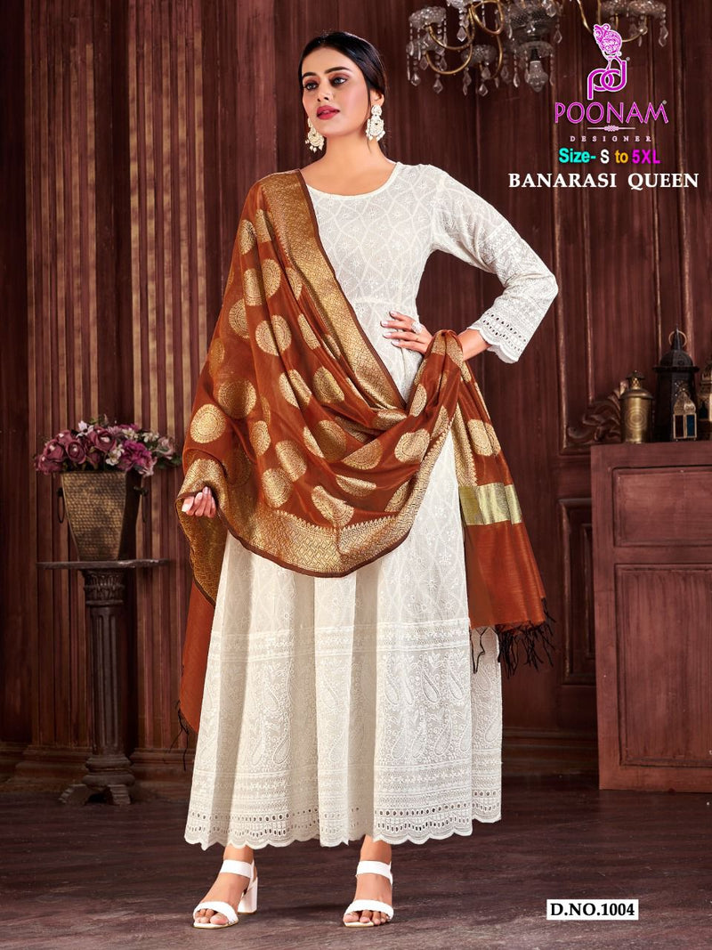 Poonam Designer Banarasi Queen Chicken Cotton Party Wear Kurtis With Bottom & Dupatta