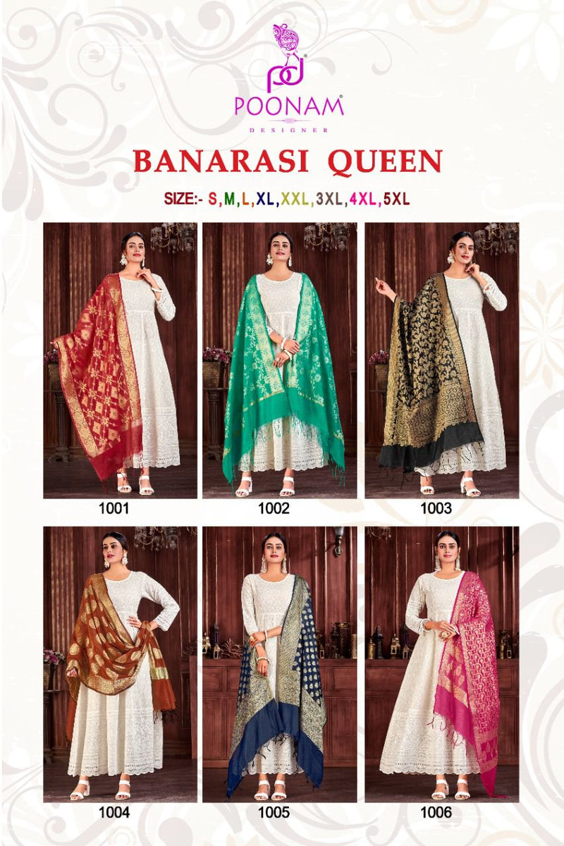 Poonam Designer Banarasi Queen Chicken Cotton Party Wear Kurtis With Bottom & Dupatta