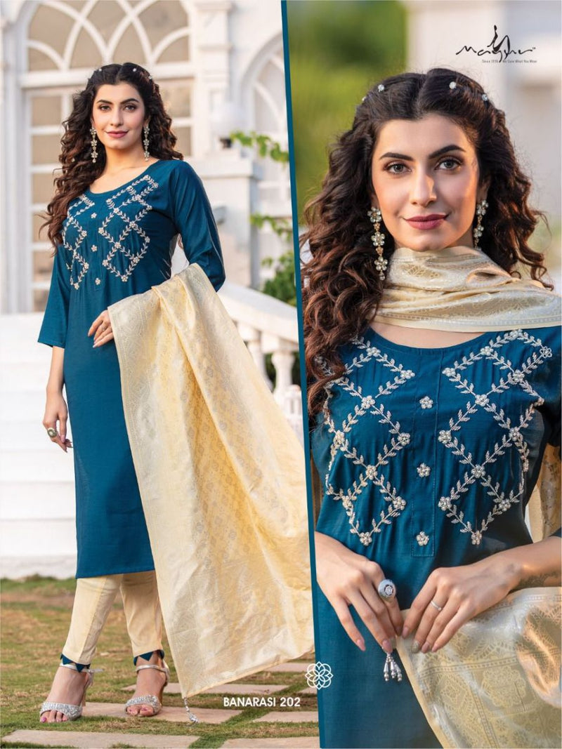 Mayur Banarasi Vol 2 Fancy Silk Designer Party Wear Kurtis With Bottom & Dupatta