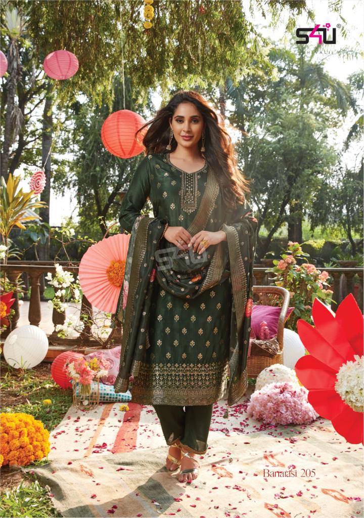 S4u Shivali Banarasi Vol 2 Dola Silk Designer Fancy Party Wear Kurtis With Bottom & Dupatta