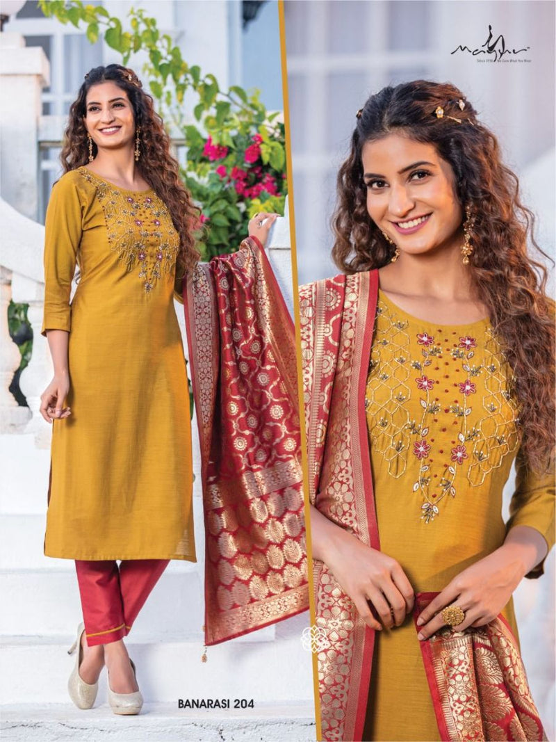 Mayur Banarasi Vol 2 Fancy Silk Designer Party Wear Kurtis With Bottom & Dupatta