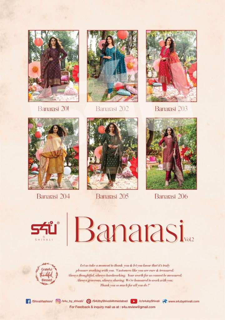 S4u Shivali Banarasi Vol 2 Dola Silk Designer Fancy Party Wear Kurtis With Bottom & Dupatta