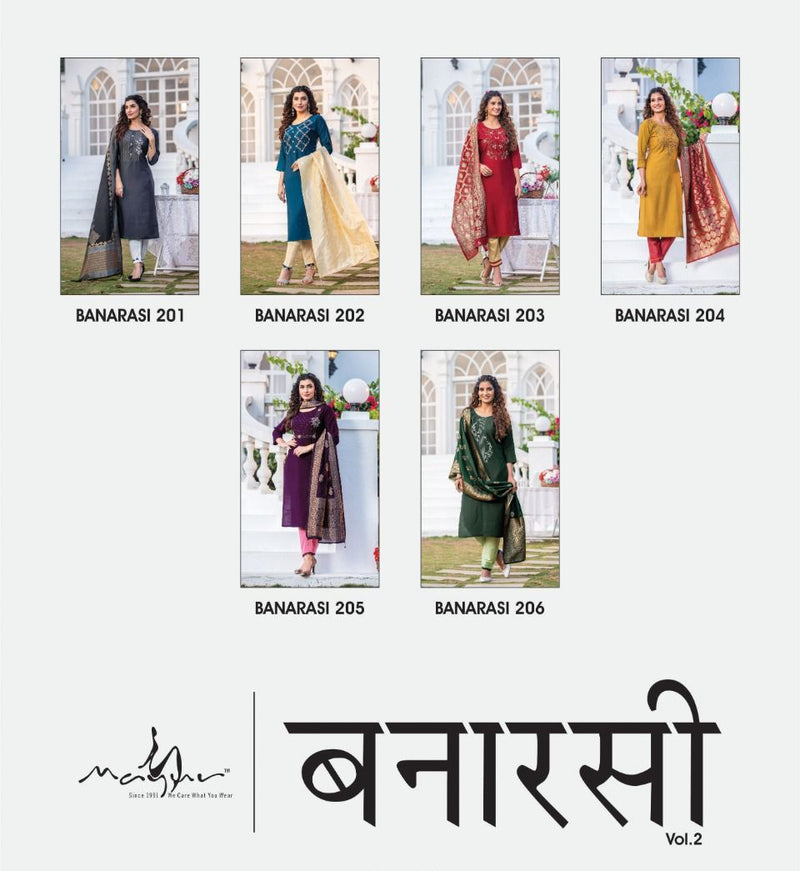 Mayur Banarasi Vol 2 Fancy Silk Designer Party Wear Kurtis With Bottom & Dupatta