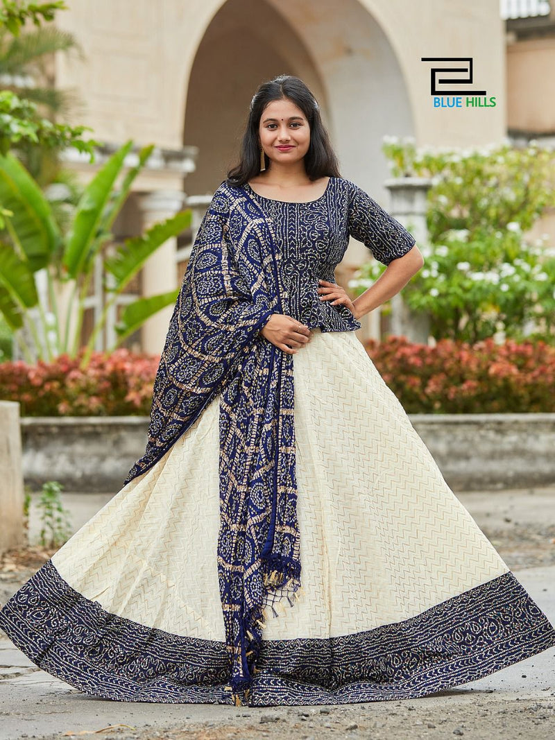 Blue Hills Bandhej Silk With Fancy Work Stylish Designer Casual Look Festive Wear Lehenga