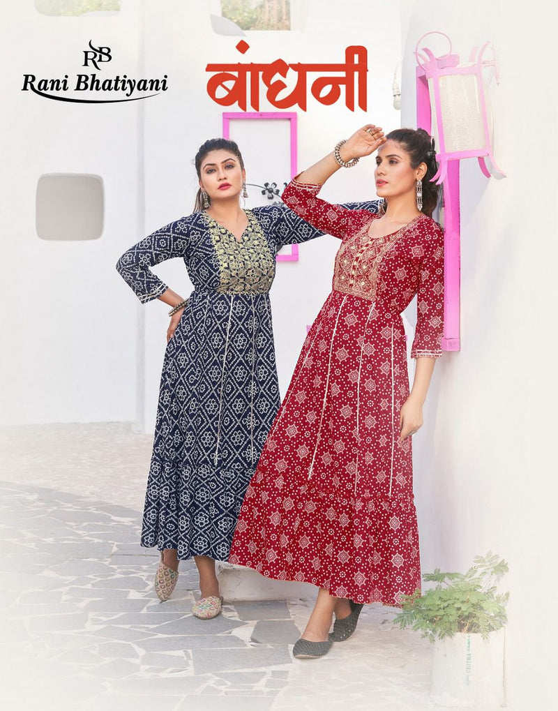 Rani Bhatiyani Bandhani Vol 1 Rayon Foil Printed Party Wear Gown Style Kurtis With Sequence Work