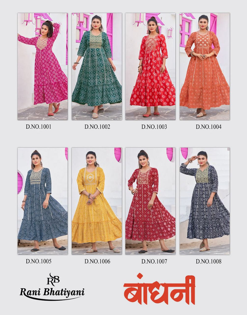 Rani Bhatiyani Bandhani Vol 1 Rayon Foil Printed Party Wear Gown Style Kurtis With Sequence Work