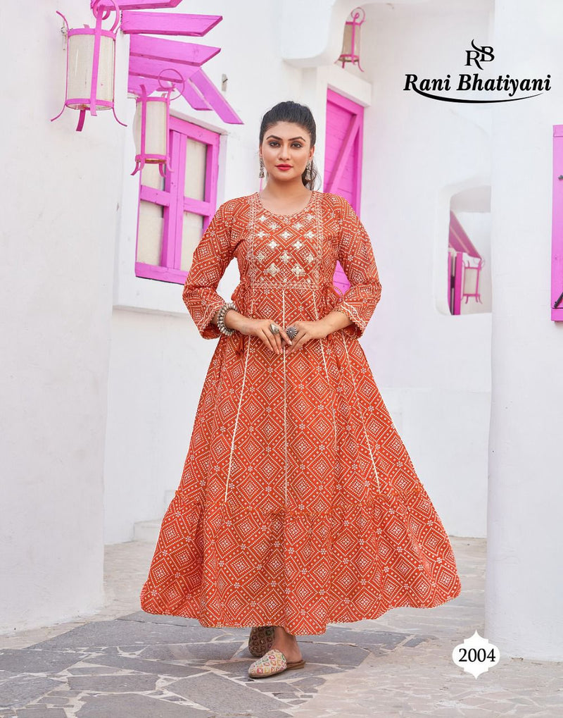Rani Bhatiyani Bandhani Vol 1 Rayon Foil Printed Party Wear Gown Style Kurtis With Sequence Work