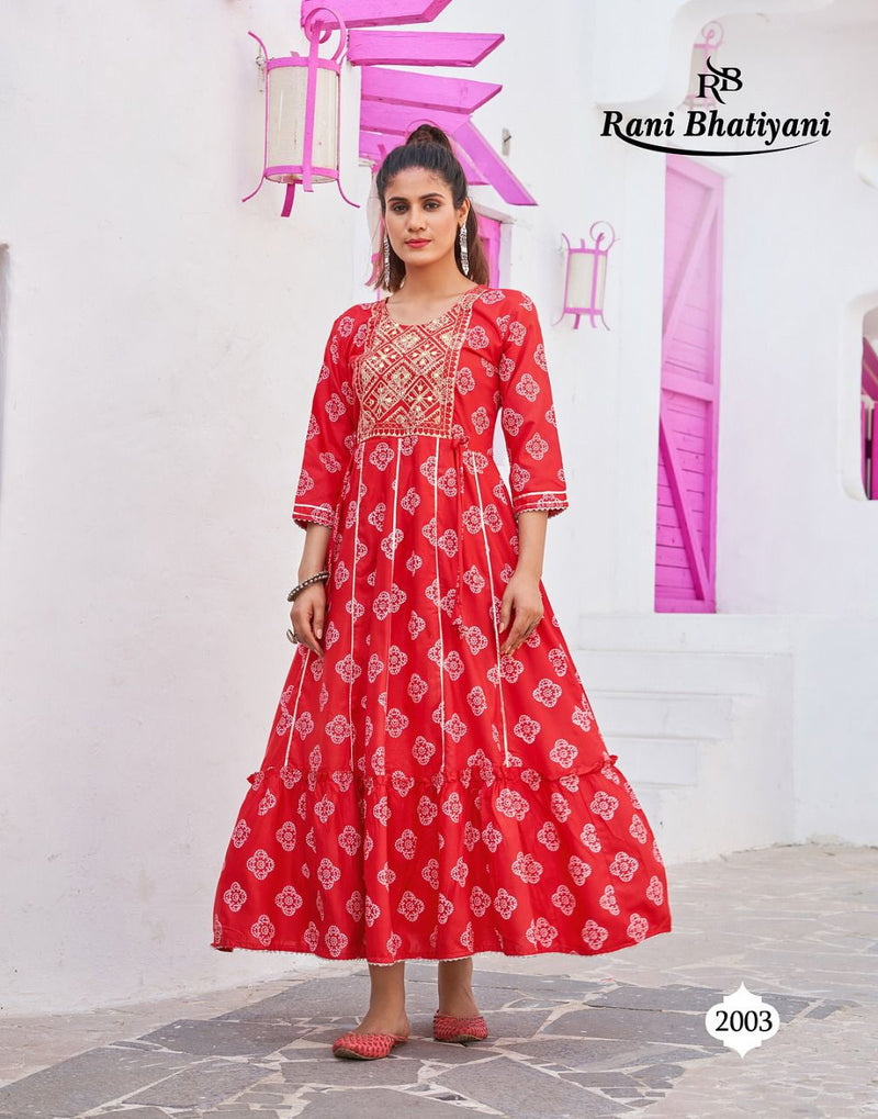 Rani Bhatiyani Bandhani Vol 1 Rayon Foil Printed Party Wear Gown Style Kurtis With Sequence Work