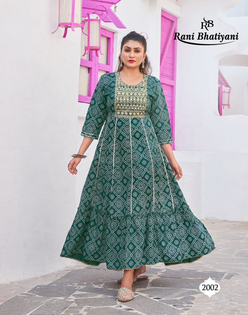 Rani Bhatiyani Bandhani Vol 1 Rayon Foil Printed Party Wear Gown Style Kurtis With Sequence Work