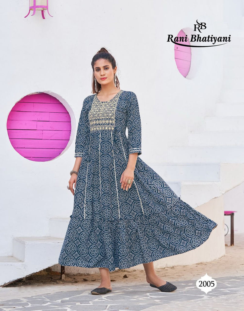 Rani Bhatiyani Bandhani Vol 1 Rayon Foil Printed Party Wear Gown Style Kurtis With Sequence Work