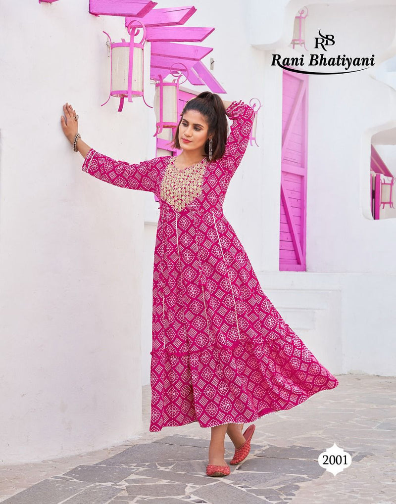 Rani Bhatiyani Bandhani Vol 1 Rayon Foil Printed Party Wear Gown Style Kurtis With Sequence Work