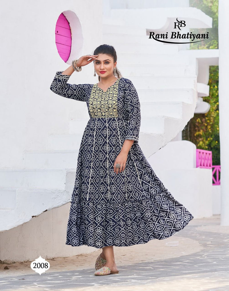 Rani Bhatiyani Bandhani Vol 1 Rayon Foil Printed Party Wear Gown Style Kurtis With Sequence Work