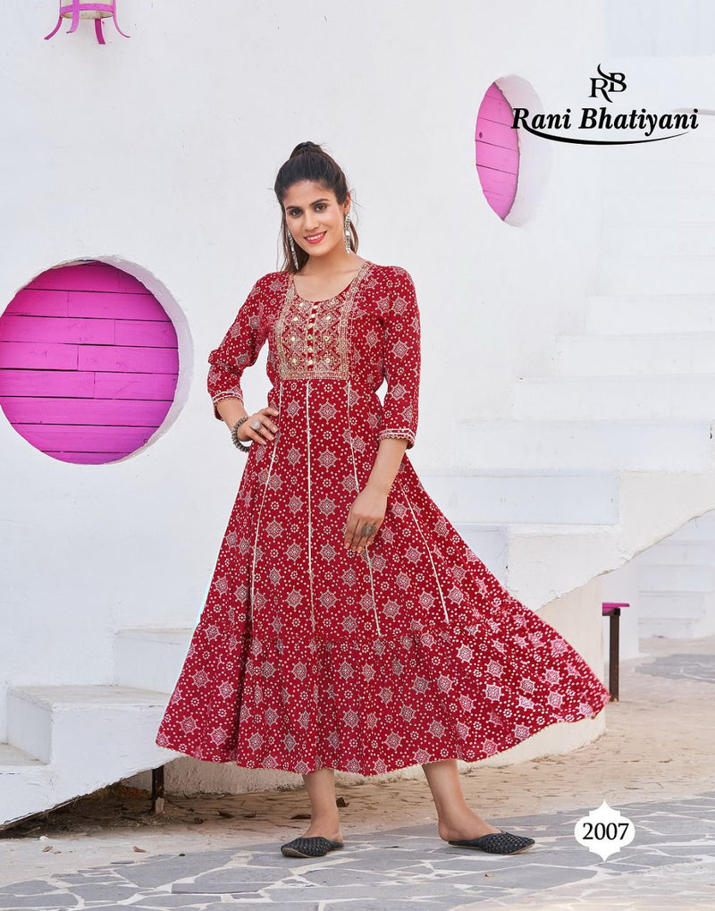 Rani Bhatiyani Bandhani Vol 1 Rayon Foil Printed Party Wear Gown Style Kurtis With Sequence Work