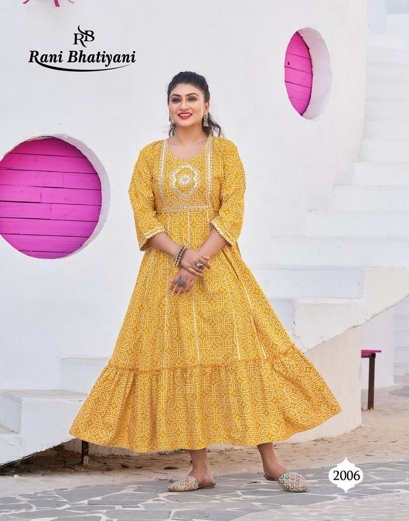 Rani Bhatiyani Bandhani Vol 1 Rayon Foil Printed Party Wear Gown Style Kurtis With Sequence Work